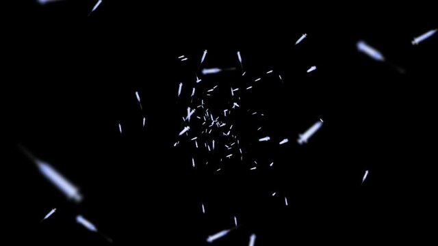Flying many syringes for injection on black background. Medical concept. Vaccine against the virus. Healthcare therapy. 3D loop animation.