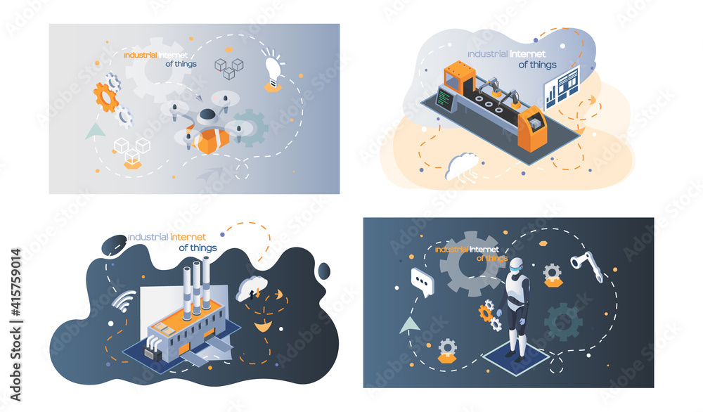 Aufkleber industrial internet of things set technical progress in field of production and data processing. mod