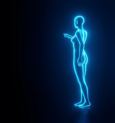 Feminine blue glowing, neon silhouette with a pointing gesture. Render. 3d illustration. Futuristic Template for design.