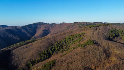 Aerial drone view of hills and mountains in winter on sunny day. Landscape of forest with no leaves on trees. Woodland