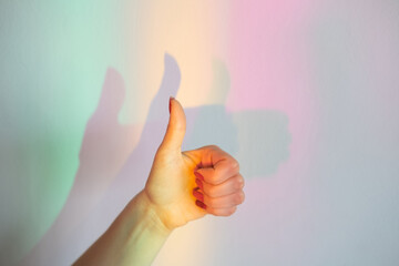 Hands shadow game. Funny gesture. Imagine play. Home theater. Female showing like with thumb up...
