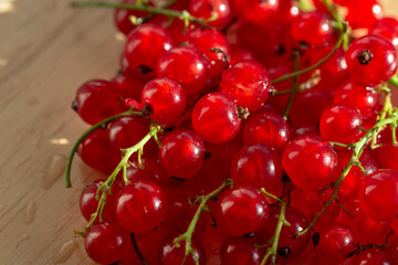 Red currant berries on a light wooden background. Selective focus The concept of healthy berries.