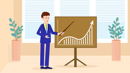 Fototapeta premium a man makes a presentation. A man talks about growth trends. Endless animation of a person on the background of the office and windows. A man with a pointer in his hand points to a growth chart.