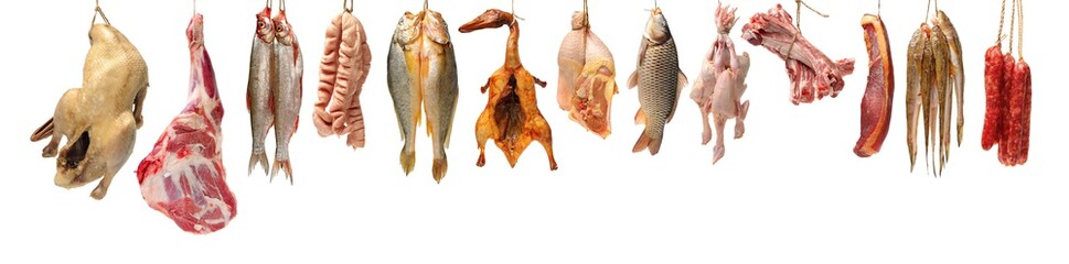 Raw fish,spare ribs and raw hen on white background 