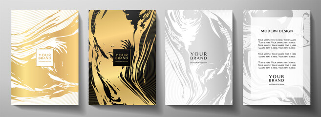 Fototapeta na wymiar Modern marble (abstract liquid) cover design set. Luxury gold and silver background with guilloche line pattern. Premium vector collection for business brochure, poster, notebook, menu template
