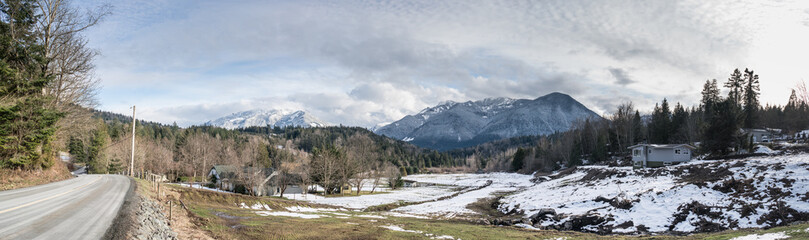 looking across a snow covered valley in winter near Chilliwack, BC, Canada