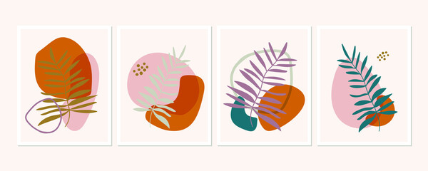 Fototapeta na wymiar Botanical wall art posters collection. Set of tropical leaves drawings with abstract shapes in pastel colors. Artistic wildlife nature art. Minimalist modern floral background.