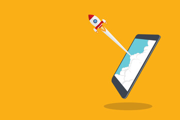 App launch. Startup vector concept, flat cartoon rocket or rocketship launch, mobile phone or smartphone, idea of successful business project start up, boost technology, innovation.