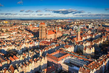 Aerial view of the old town of Gdansk with beautiful architecture at sunny day, Poland