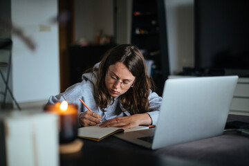 Young woman sit alone in cosy living room of authentic home, make notes on information she finds online. Internet for learning and job search. Work from home concept. Millennial lifestyle