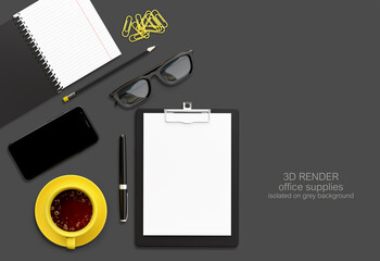 3D RENDER. Office supplies top view. Flat lay. Tablet, tea cup, pen, paper, glasses, paper clips, flower in a pot isolated on grey background . Template for design.