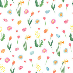 Watercolor spring seamless pattern. Tulip flowers, daffodils, australian acacia or mimosa, leaves and colorful eggs. Great for fabrics, wrapping papers, covers. Easter design. White background.
