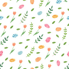 Watercolor spring seamless pattern. Tulip  flowers, leaves and colorful eggs.  Great for fabrics, wrapping papers, covers. Easter design. White background.