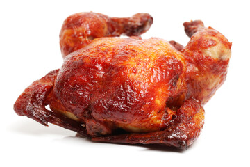 Whole roasted chicken against white background