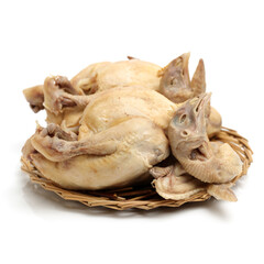 cooked whole chicken on a white background stock photo