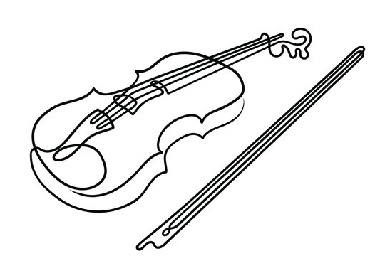 One line drawing. Musical acoustic instrument violin with strings and bow.