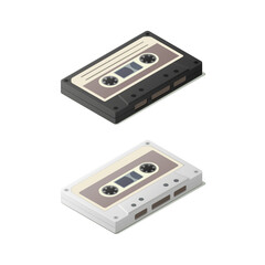 Isometric audio cassette set. Vector illustration. Music listening. Isolated on white background.