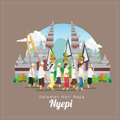 Balinese Nyepi greetings card with people and ceremonial tool infront of gate