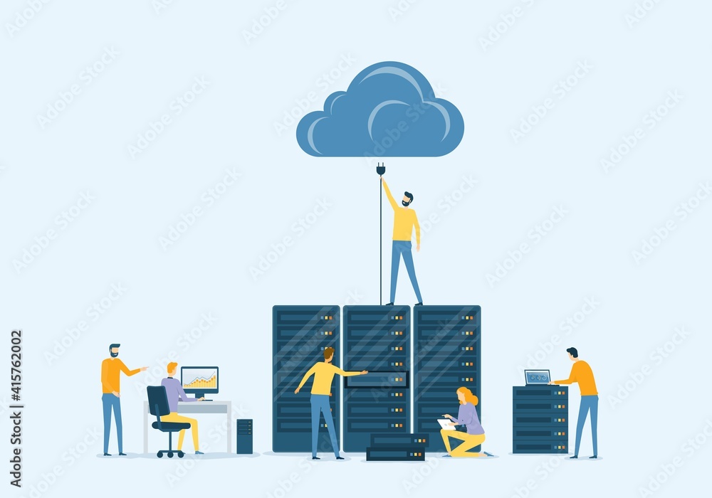 Leinwandbilder Flat vector business datacenter technology with cloud computing service concept and developer technician team working concept