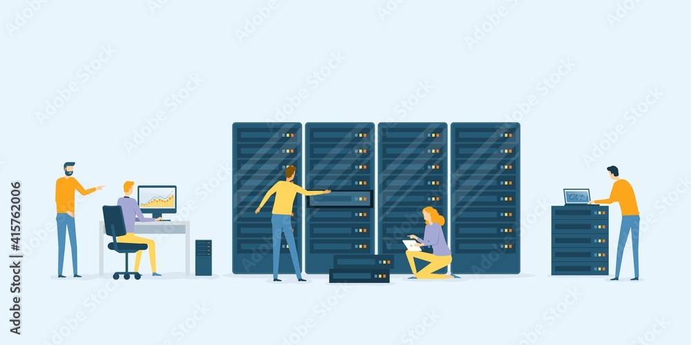 Poster flat vector business datacenter technology service concept with technician team working concept