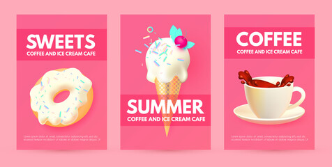 Realistic 3D Ice Cream Flyers Set with Coffee Cup. Fruit, Creamy and Chocolate. Trendy Sweets. Gelato Advertising. Coffee to Go Ad