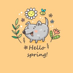 Card with cute cartoon puppy and plants. Doodle floral poster. Spring vector print with dog.