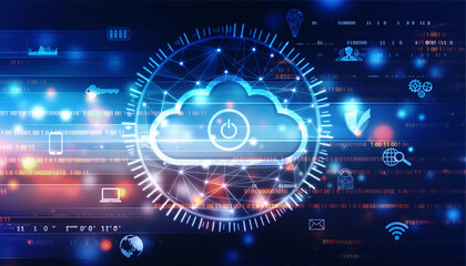 2d illustration of Cloud computing, Digital Cloud computing Concept background. Cyber technology, internet data storage, database and mobile server concept
