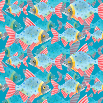 Watercolor seamless pattern of colorful fish. Cute funny carp fish (karps, crucians). Spring, summer pattern. Hand drawn texture of an ornament on a turquoise background. For textiles, wrap, cards.