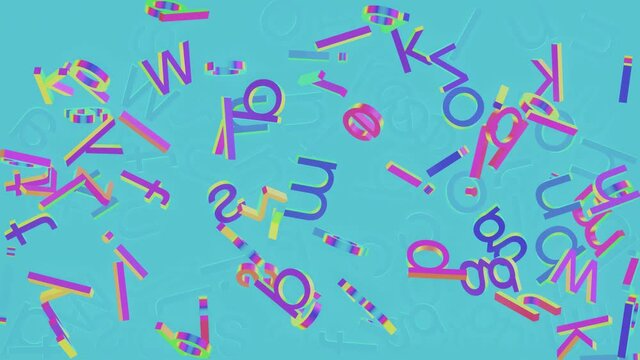 Messed alphabet letters falling and bouncing on solid background. Neon color shapes visuals.