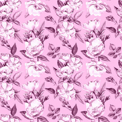 Vintage flowers, branches of roses, buds and leaves. Watercolor flowers. Seamless patterns