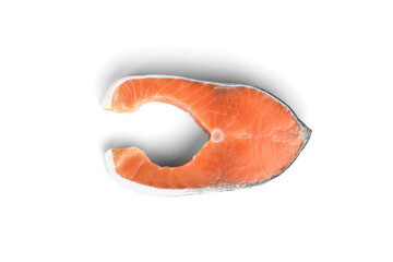 Red fish steak (salmon or trout) isolated on white background. Top view.