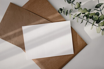 Empty paper card and eucalyptus branches on the white table.