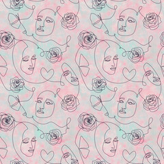 Fototapeta na wymiar One line drawing abstract contamporary art. Modern seamless pattern with women faces