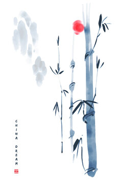 Chinese ink painted background with mountains, bamboo and sun. China dream.