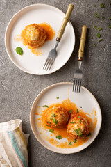 delicious homemade meatballs on the dining table, top view