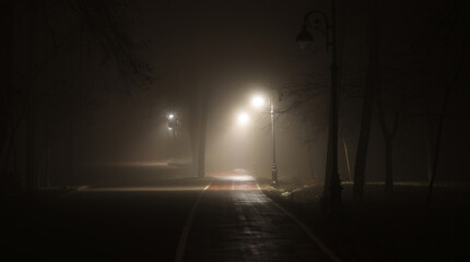 lantern lights on the red alley in the fog