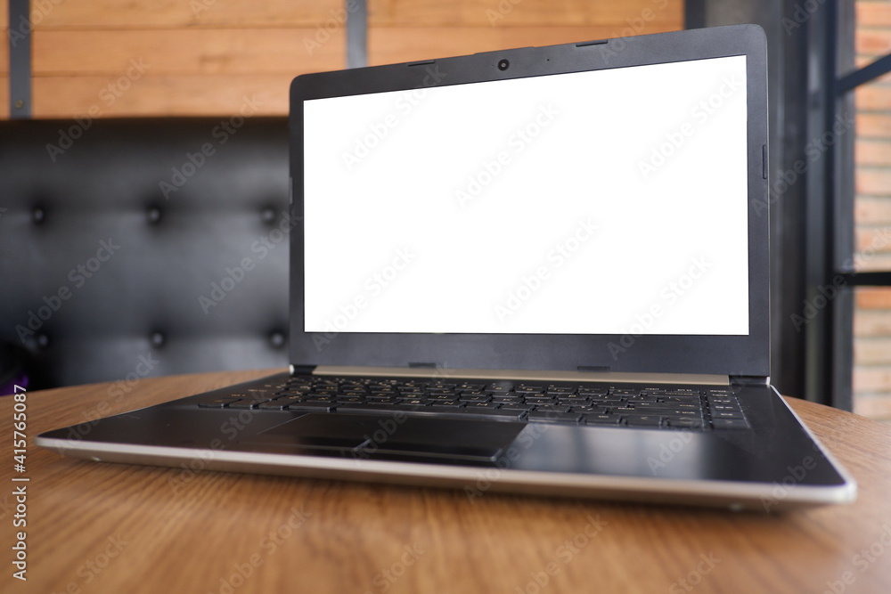 Poster cropped shot view of business man's hands typing labtop with blank copy space screen for your inform