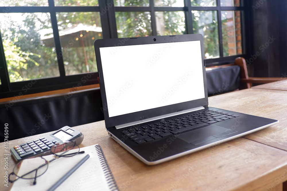 Aufkleber cropped shot view of business man's hands typing labtop with blank copy space screen for your inform