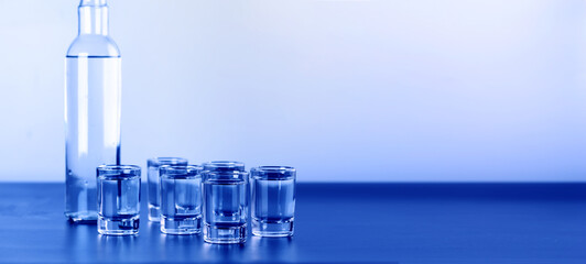Vodka in bottle and shots with copy space, close up