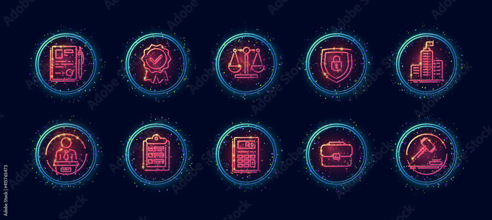 Poster 10 in 1 vector icons set related to judgement theme. lineart vector icons in geometric neon glow sty