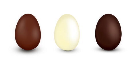 Three different flavors of chocolate Easter eggs isolated on white.