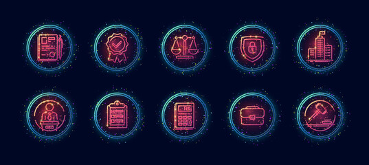 10 in 1 vector icons set related to judgement theme. Lineart vector icons in geometric neon glow style with particles isolated on background. © artacet