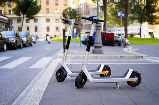 Panoramic view of e-scooter on wall for mobility in the city