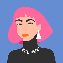Portrait of beautiful Asian teenage girl with pink hair and the necklace with inscription girl power. International women’s day. 8th march. Women empowerment movement
