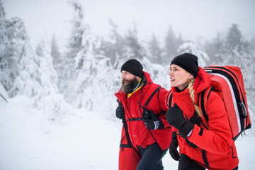 Fototapeta na wymiar Paramedics from mountain rescue service walking outdoors in winter in forest.