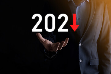 Plan business negative growth in year 2021 concept. Businessman plan and increase of negative indicators in his business, decline down business concepts.