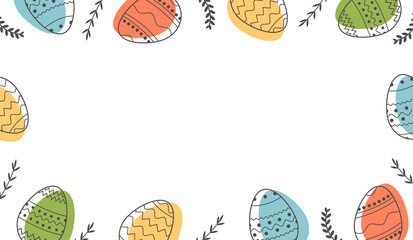 Festive border or frame template with trendy outlined geometric pattern on Easter Eggs. Horizontal banner with decorated eggs and leaves on white background. Vector illustration with place for text.