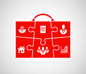 Business briefcase. Six steps of a successful person. Infographic process diagram presentation. Puzzle suitcase with different icons. Compare service banner. Design shape form