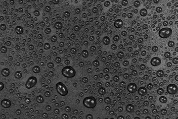 Water drops on black background texture. Dark backdrop glass covered with drops of water. gray bubbles in water