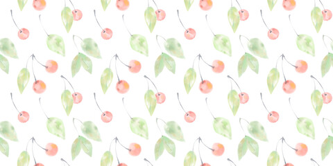 Seamless pattern with hand drawn watercolor berry set. Endless ink illustration of cherry bunch with leaves. Aquarelle sketch of summer organic food on white background.